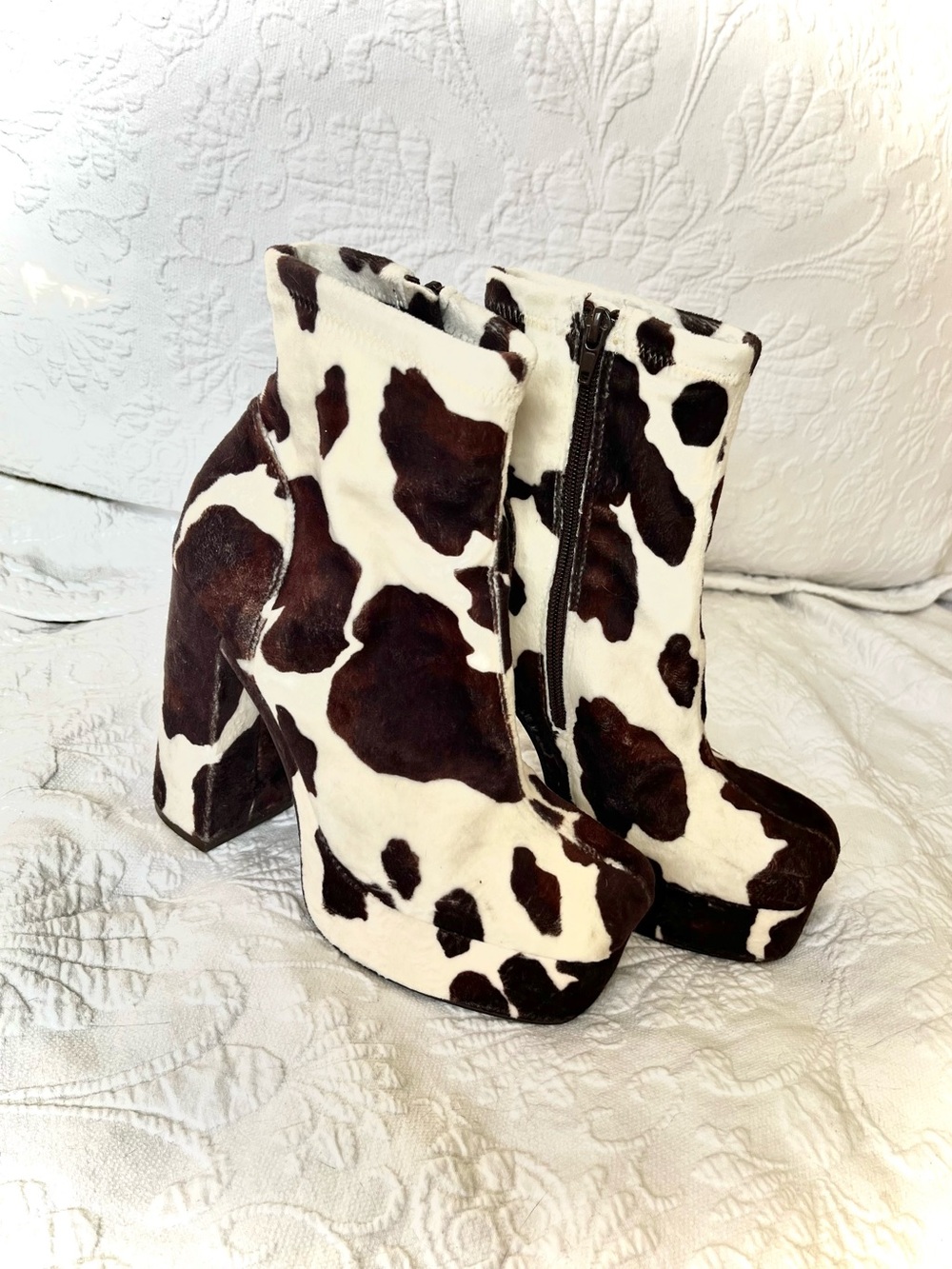 Steve Madden Cow-Print Platform Ankle Boots - White & Brown